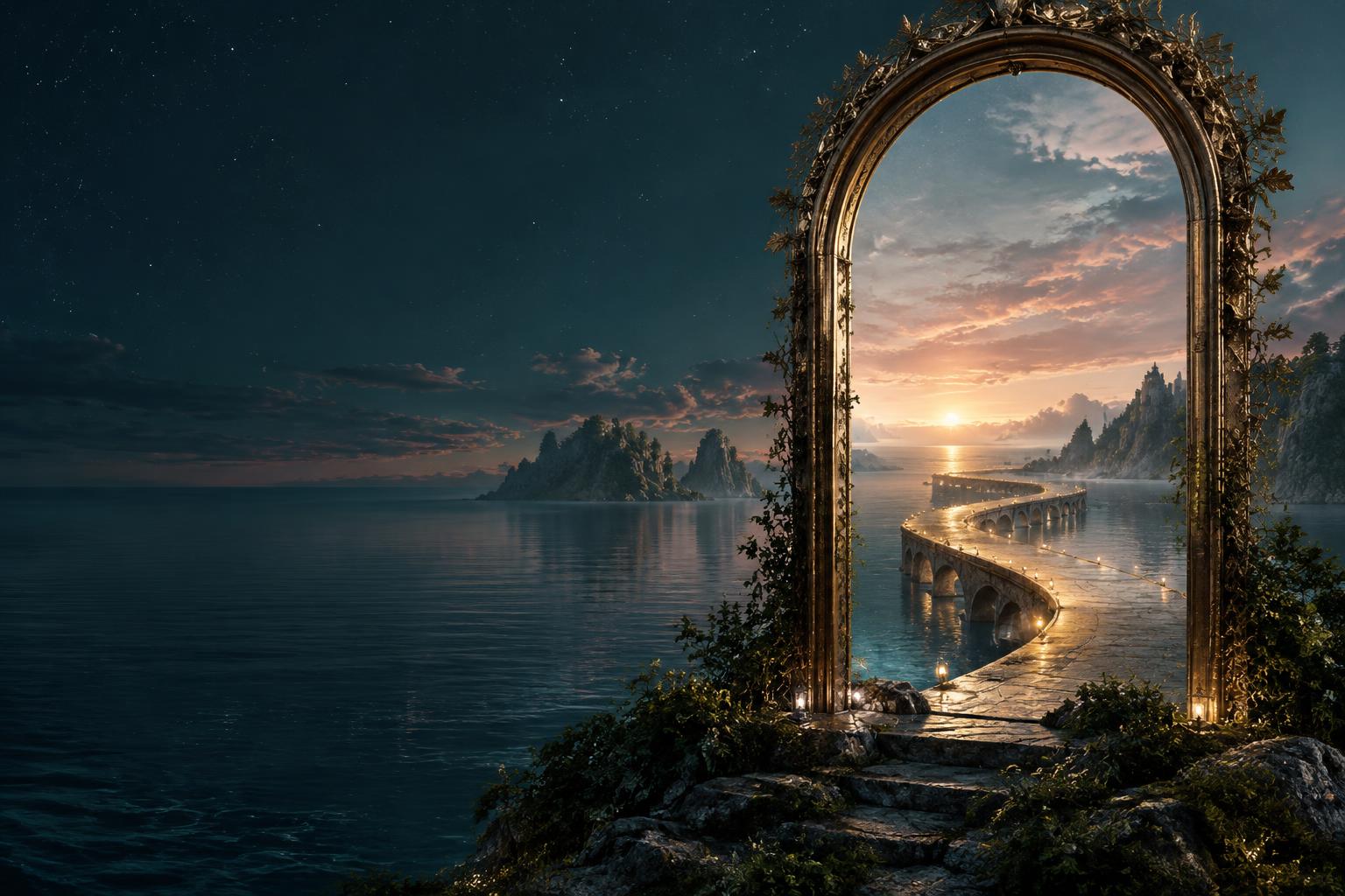 A golden mirror opening onto a starlit path over the sea